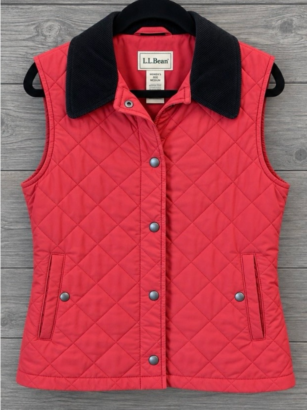 L.L. Bean Quilted Coral-Red Vest with Black Corduroy Collar